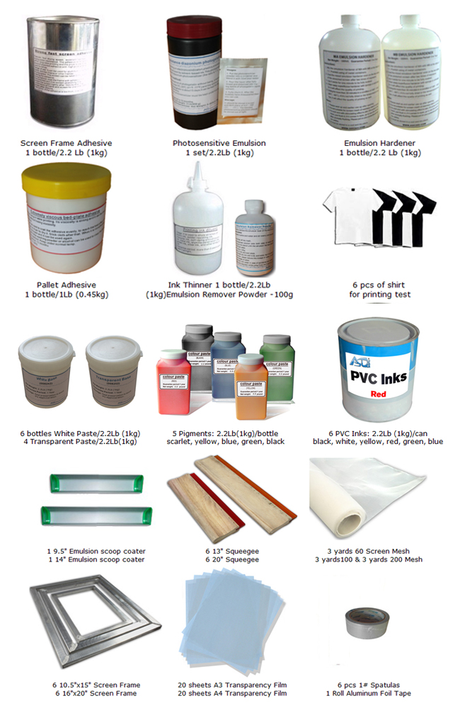 6 Color Silk Screen Printing Full Set Kit Exposure Unit & Squeegee Ink Supply